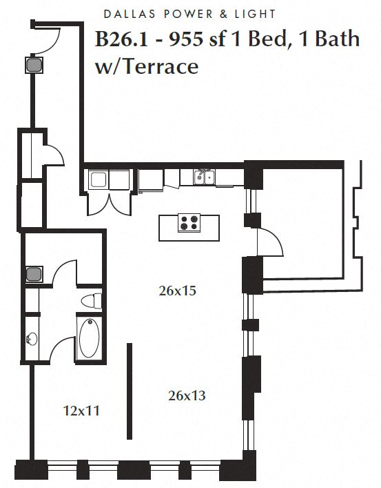 Floor plan for 1 bed, 1 bath, 955 sqft